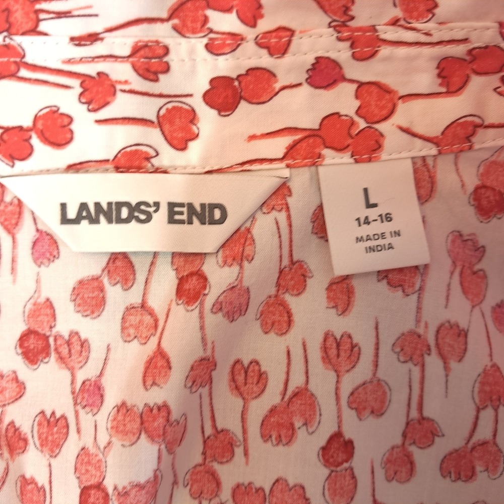 Lands' End Cotton Poplin Belted Button Front Floral Shirt Dress Godets Size L - Picture 5 of 9